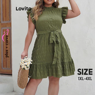 Lovito Vestido feminino plus size curvo casual liso com renda e folho plissado LNL54045