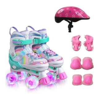 Patins 4 Rodas Infantil Arco Íris Led Tamanho ajustavel + Kit Proteção-