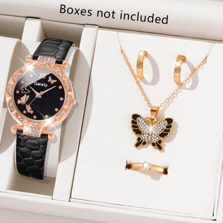 5 Relógio PCS Fashion Black Pu De Moda Preto Lazer Mulher Butterfly Diamond Quartzo