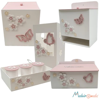 Kit de Higiene Jardim com Flores de Cerejeira e Borboletas para Bebês Meninas