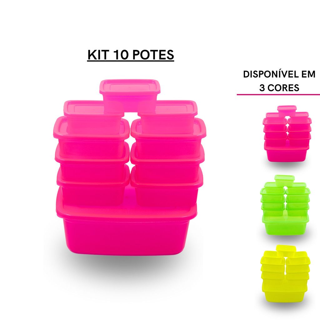 Kit 10 potes plástico neon resistente tijela vai no micro-ondas e frezzer