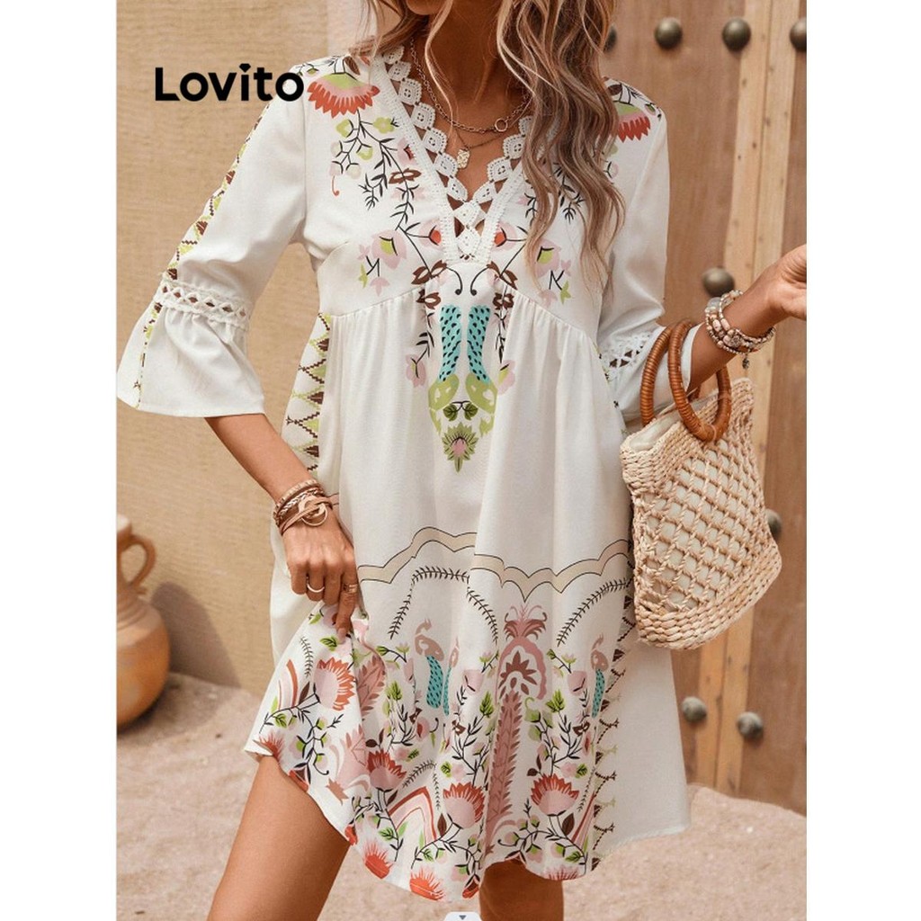 Lovito Vestido de renda com estampa tribal Boho para mulheres LNL64114