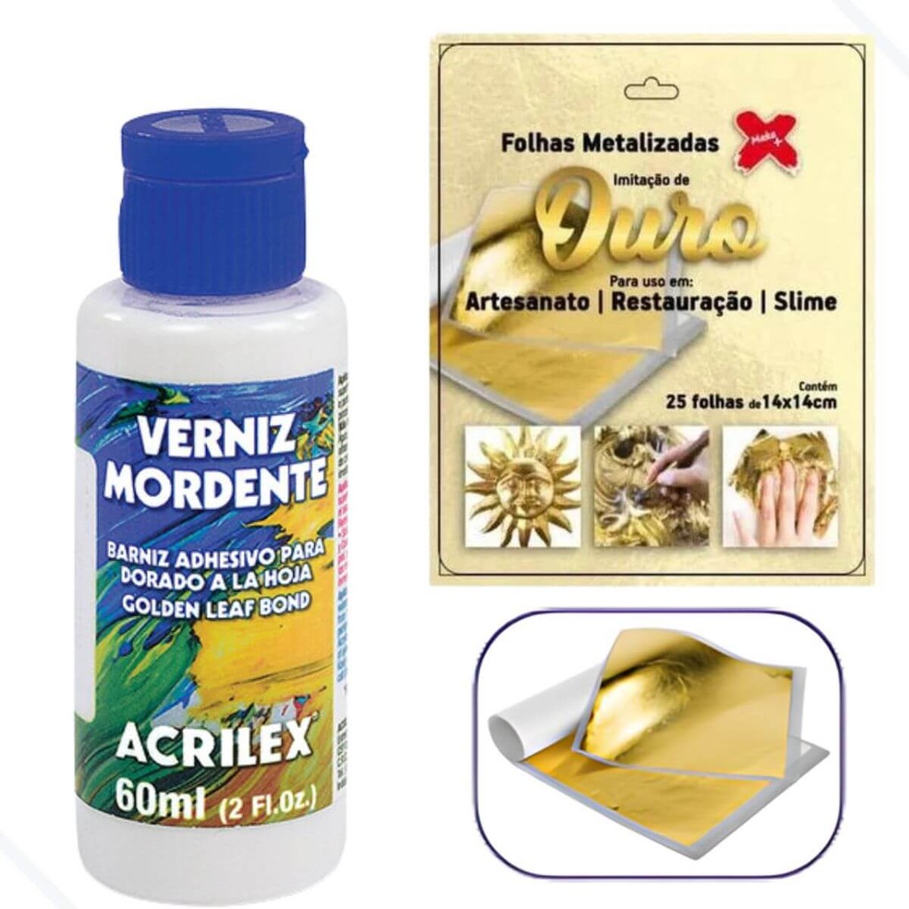 Kit Verniz Mordente Acrilex 60ml + 25 Folhas de Ouro 14x14