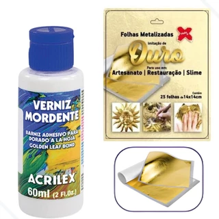 Kit Verniz Mordente Acrilex 60ml + 25 Folhas de Ouro 14x14