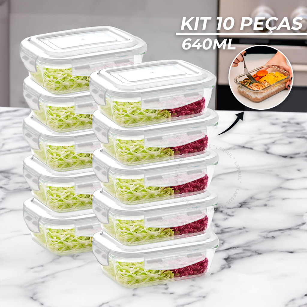 Conjunto 10 Potes Vidro Hermético Mantimentos Marmita 640ml
