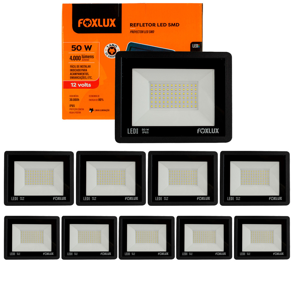 Kit 10 Refletor LED Foxlux 50W 6500K 12V IP65 | eficiência ...