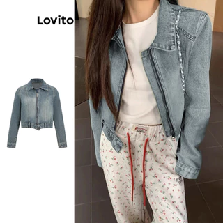 Lovito Casual Plain Washed Structure Line Zipper Denim Jacket para mulheres L102AD462