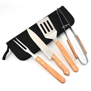 Kit Churrasco 4 Peças com Estojo Faca Garfo Espátula e Pegador de Carne