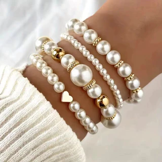pçs/set coração cor branca pérola pulseiras conjunto para mulheres nova moda elástica frisado pulseira elegante festa