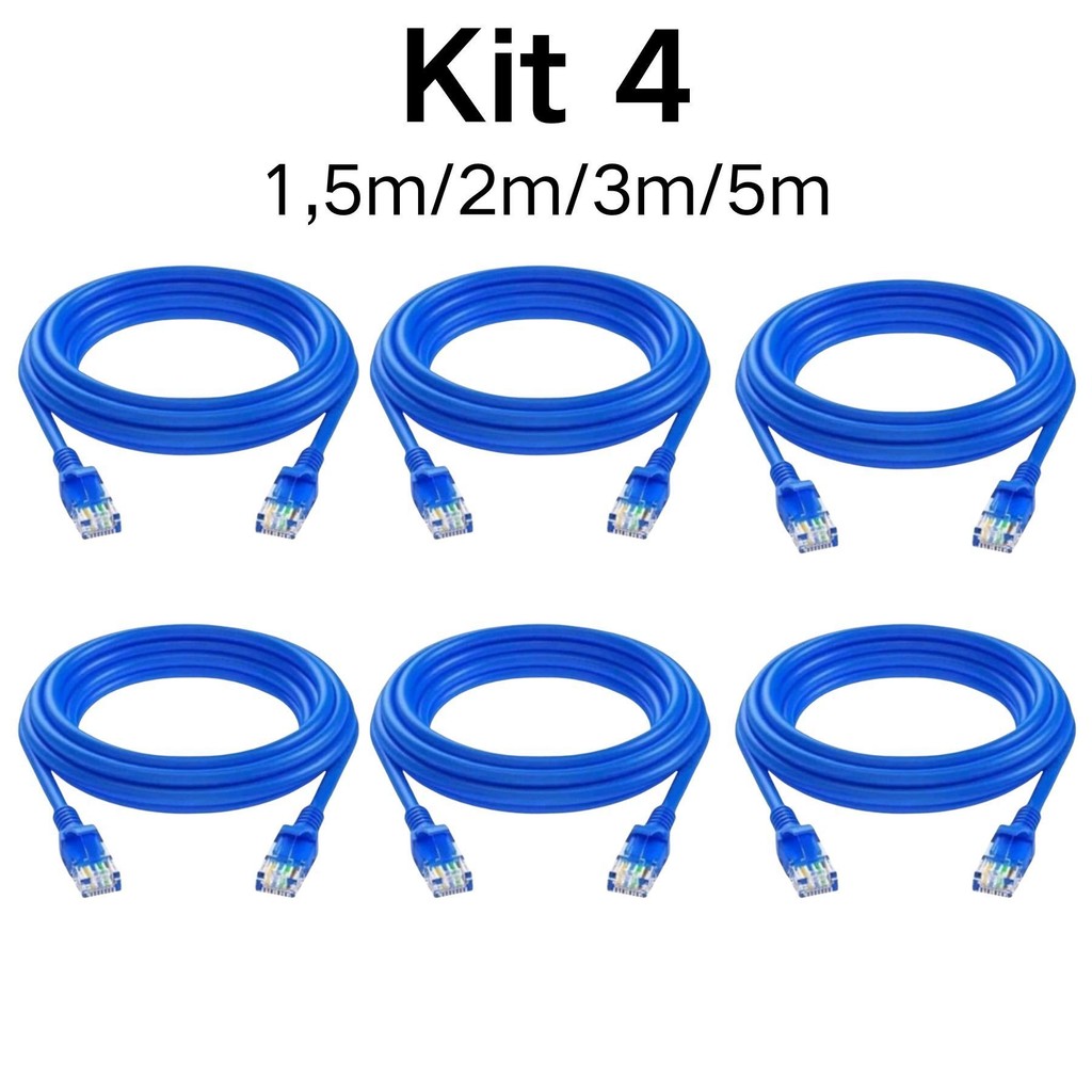 Kit 4 Cabo de rede internet Montado rj45 azul 1.5m, 2m, 3m, 5 Metros ...