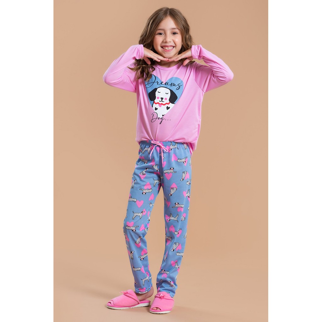 Pijama Longo Feminino Inverno Infantil Calça - Dog Rosa em Oferta na Shopee