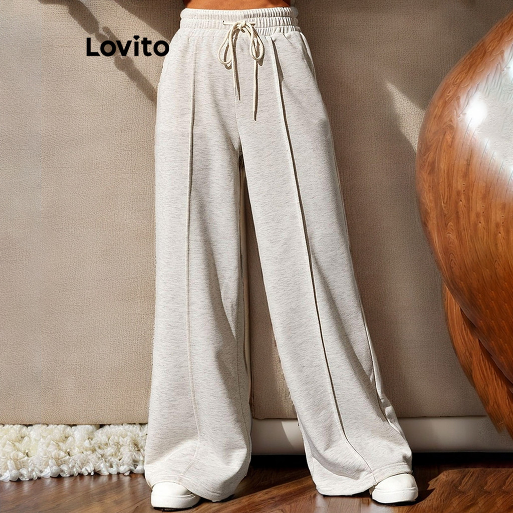 Lovito Calça casual feminina com cordão liso e estrutura franzida LNL57007