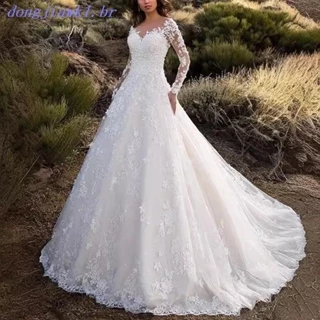 Vestido Longo De Noiva De Manga De Renda Feminino Longa Um Ombro