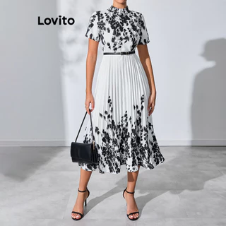 Lovito Vestido romântico Ditsy floral plissado assimétrico com babados para mulheres LBL15141