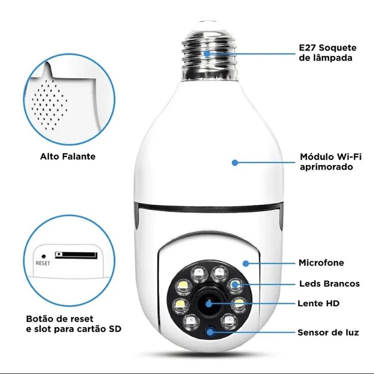 Imagem produto do Câmera Segurança Wifi Ip Sem Fio 360 Com Encaixe Lâmpada Bocal Aplicativo Full HD Visão Noturna - Bivolt 5