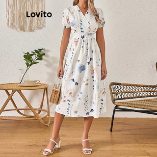 Lovito Vestido romântico floral com mangas bufantes para mulheres LBL15143