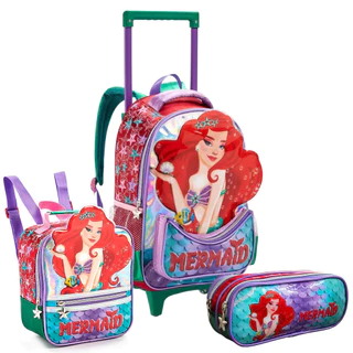 Kit Escolar Mochila Rodinhas Lancheira Estojo Sereia Ruiva em Oferta na Shopee