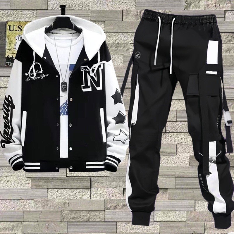 Moda Masculina Manga Longa Solta Capuz Com Zíper Camiseta Solto Quente Espessamento Tendência + Calça De Carga Joggers P