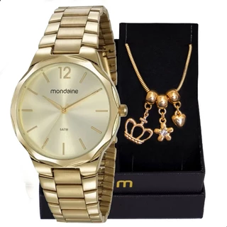 Relógio Mondaine feminino dourado facetado, à prova d