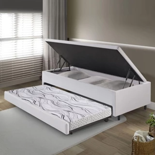 Bicama Box com Baú Solteiro Courino Linho Branco 88x188 com Colchão Auxiliar Ecoflex em Oferta na Shopee