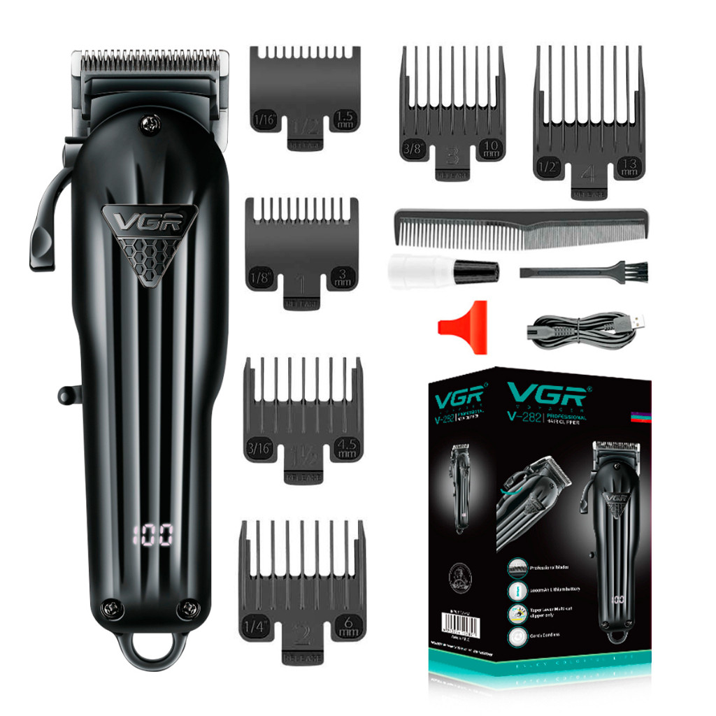 Máquina De Cortar Cabelo Profissional Vgr Oiv-282 Sem Fio Barba Cabelo 6 Pentes Preta Elegante