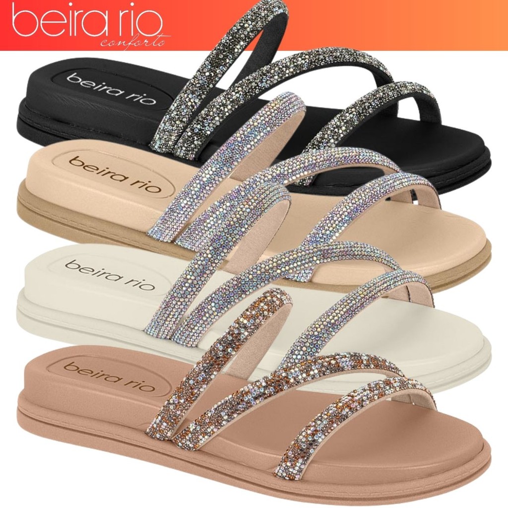 Sandália Feminina Beira Rio Rasteira Multi Birken Aurora Boreal Strass  Promocao
