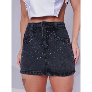 Saia Jeans com Brilho Festa Balada preta Cintura Alta