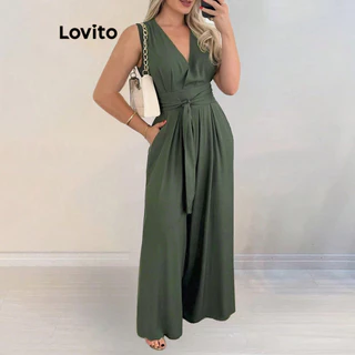 Lovito Macacão assimétrico elegante com gravata lisa na frente para mulheres LBL16116
