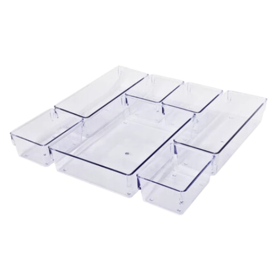Kit 7 Organizadores Multiuso para Gavetas Armários Geladeiras Pote Acrílico Cristal