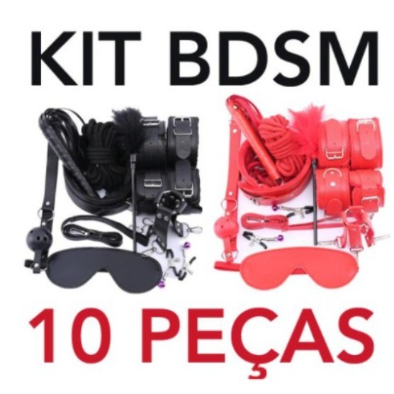 Kit BDSM 10 Peças Couro Bondage Fetiche Dominação Submissão Sado Mordaça Algema Chicote Coleira Gag Ball