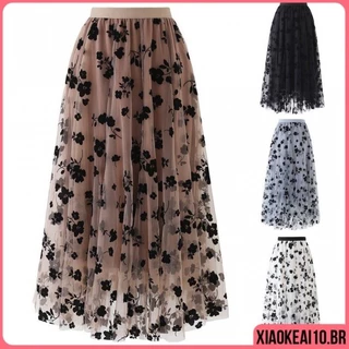Mulher Bordada Mulheres Saia de Tule Libélula Gazela Moda Floral Elástica Midi Cintura para Todas as Estações Preto