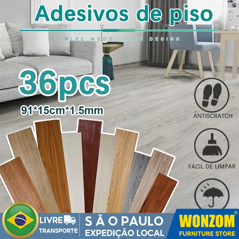 12/18/36PC Adesivo De Piso Madeira Moderno Antiderrapante Lavável 91,4x15,2cm Vinílico