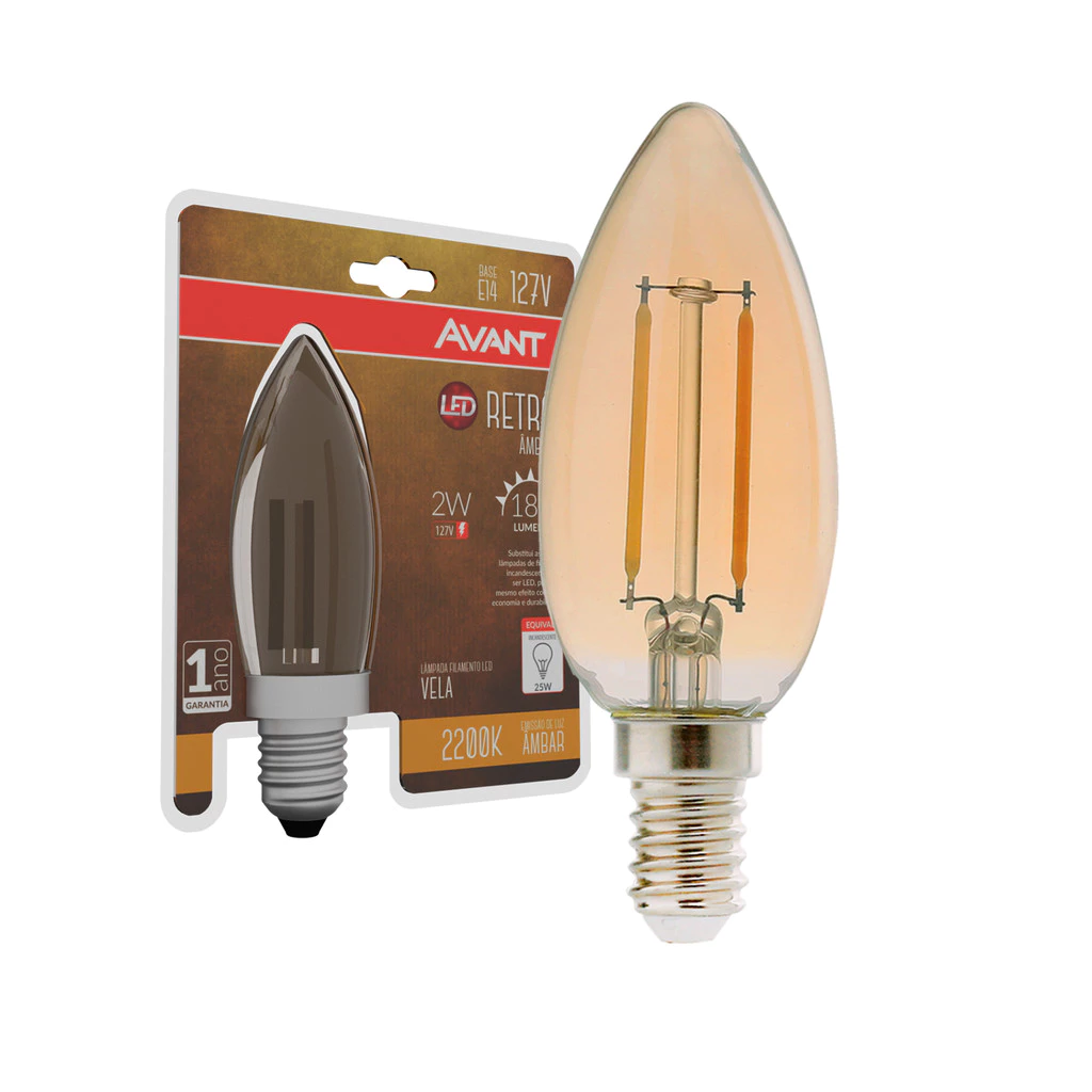 Lampada Led Vela Filamento Retro 2w 2200k Branco Quente E14 127v Ip20 Cod: 180060252 Avant