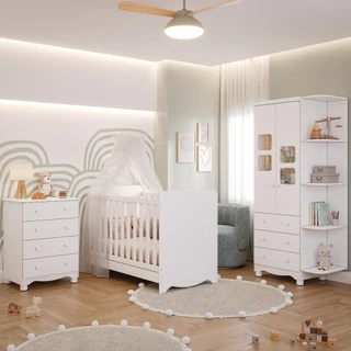 Quarto Bebê Completo Berço Americano Ben Guarda Roupa Uli C/ Prateleiras Gaveteiro 100% MDF em Oferta na Shopee