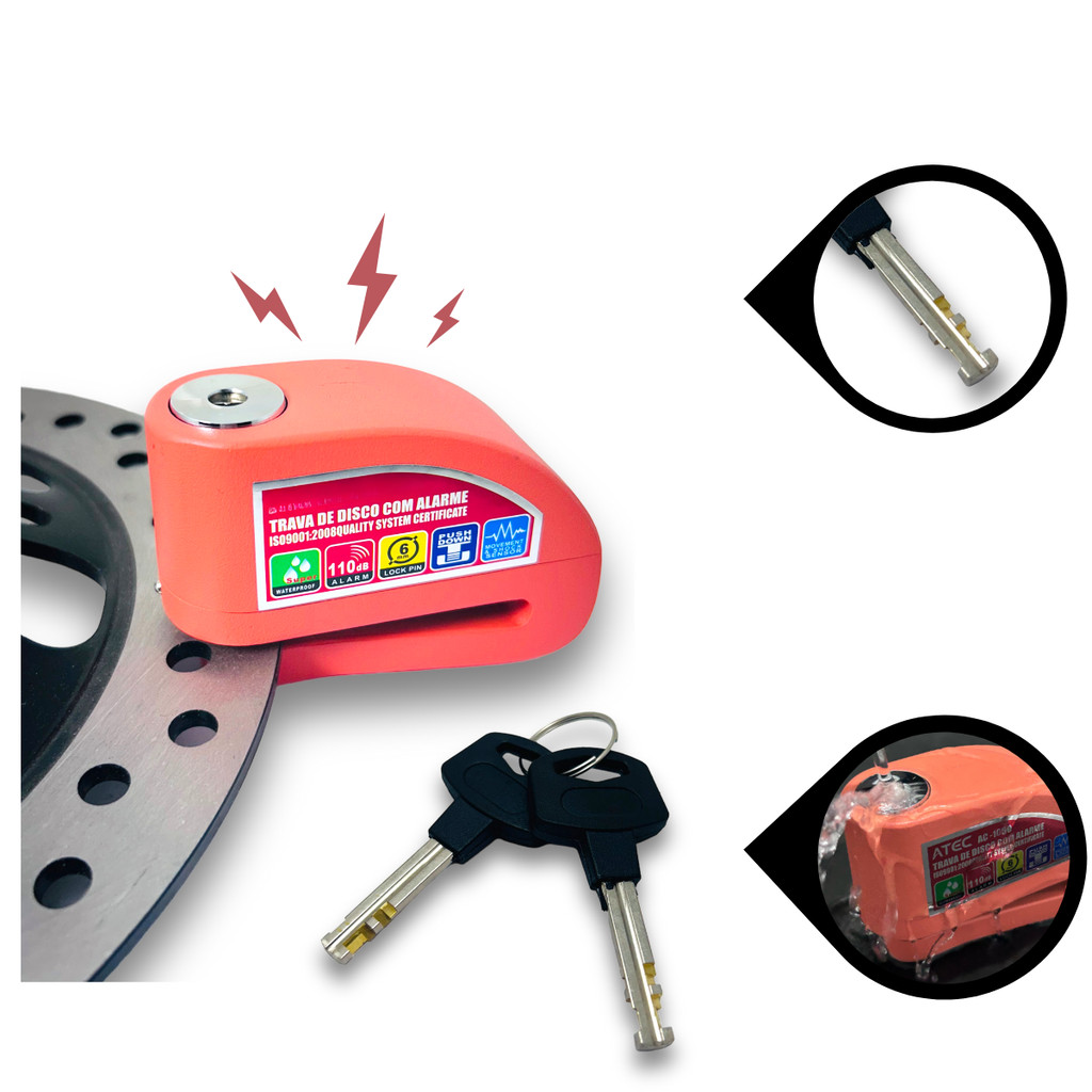 Trava Cadeado De Freio Disco Com Alarme Sonoro Moto - Coral | Shopee Brasil