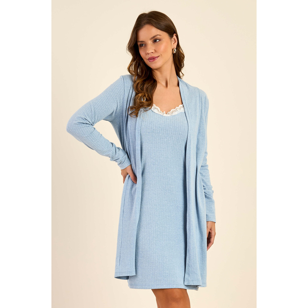 Pijama Feminino Camisola e Robe Canelado Marialícia Azul | Shopee Brasil