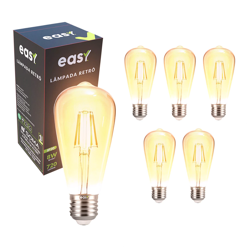 Kit 6 Lâmpadas de Led ST64 Retro Vintage Ambar 8w 2400k E27 Bivolt Easy Luz Quente