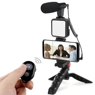 De Kit Fotografia Luz De Vídeo + Microfone + Tripé Dobrável + Suporte Celular Com Controle Bluetooth