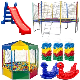 Kit Cama Elástica 3,05m + Piscina Oitavada 2,00m + 1500 Bolinhas + Escorregador Médio + 2 Gangorras 1 Lugar