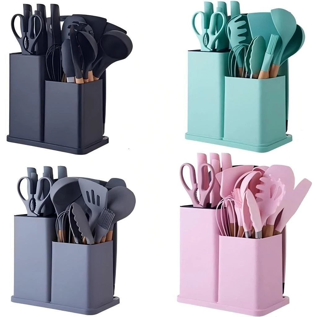 Kit Conjunto 19 Peças de Utensílios de Cozinha em Silicone e Facas