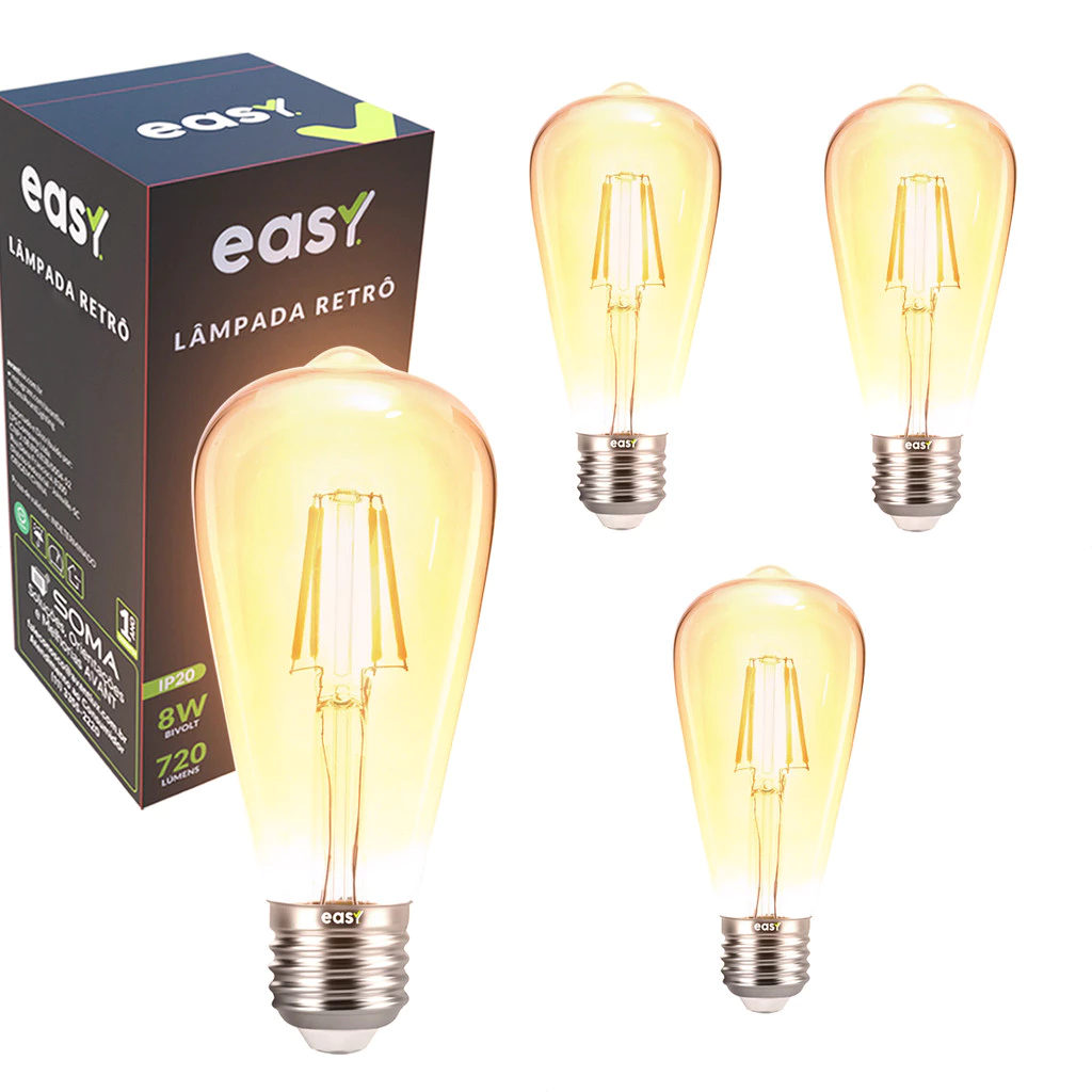 Kit 4 Lâmpadas de Led ST64 Retro Vintage Ambar 8w 2400k E27 Bivolt Easy Luz Quente