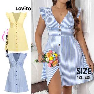 Lovito Vestido plus size elegante listrado com botões para mulheres LBL16525(Multicolorido)