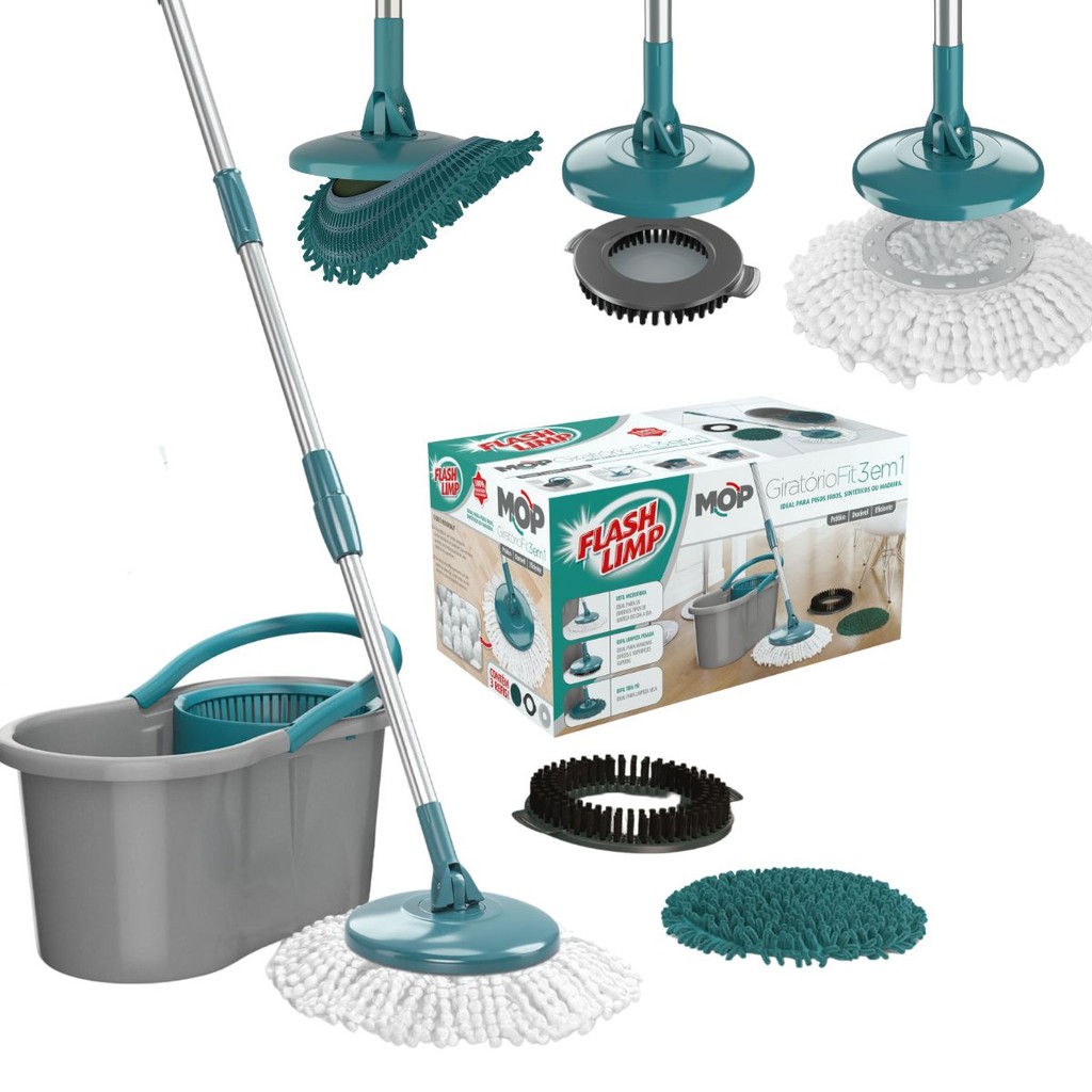 Mop Giratório Fit 3 Em 1 Com Balde Spin Inclui 3 Refis Piso Chão