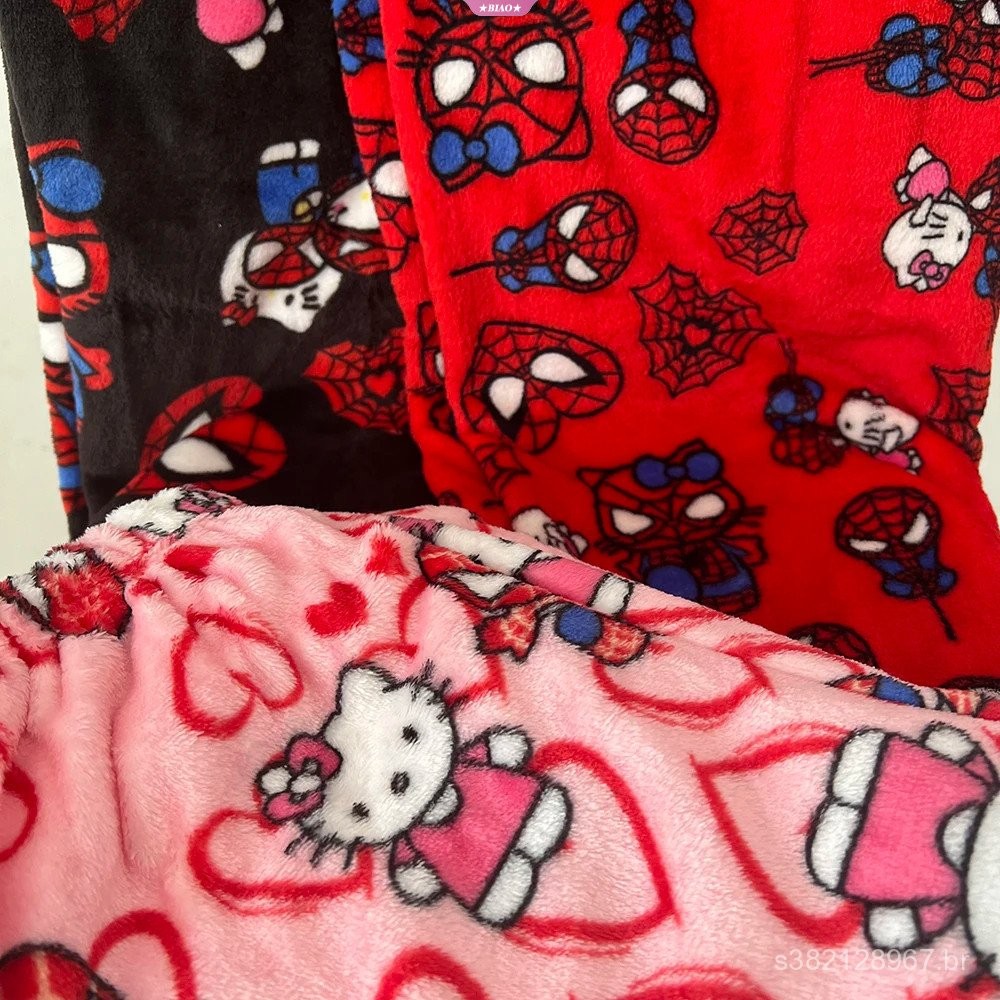 Homem Aranha + Hello Kitty Pijamas Flanela Moda Calças Mulher Kawaii ...