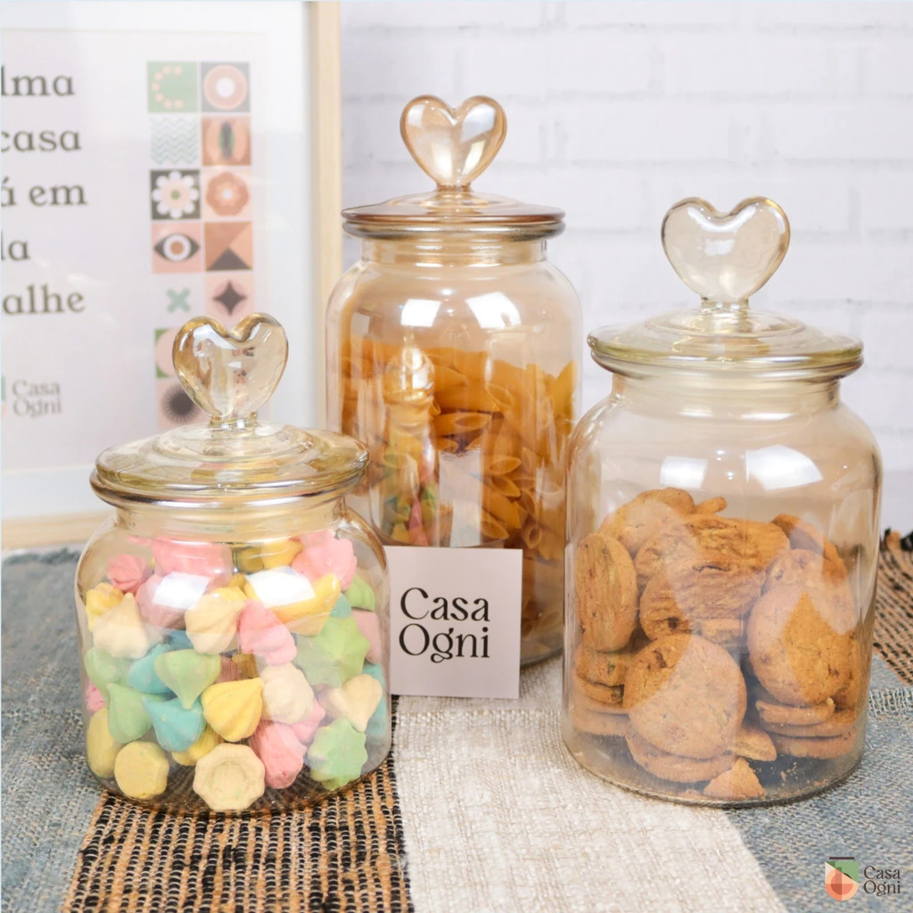 Pote de Vidro Hermético Âmbar Transparente Coração Decor Afeto Porta Mantimentos Decorativo Cozinha
