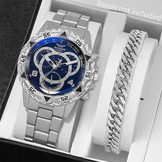 Kit 2pcs Relógios Masculinos de Quartzo e Pulseira Estilosa - Estilo de Negócios com Grande Mostrador