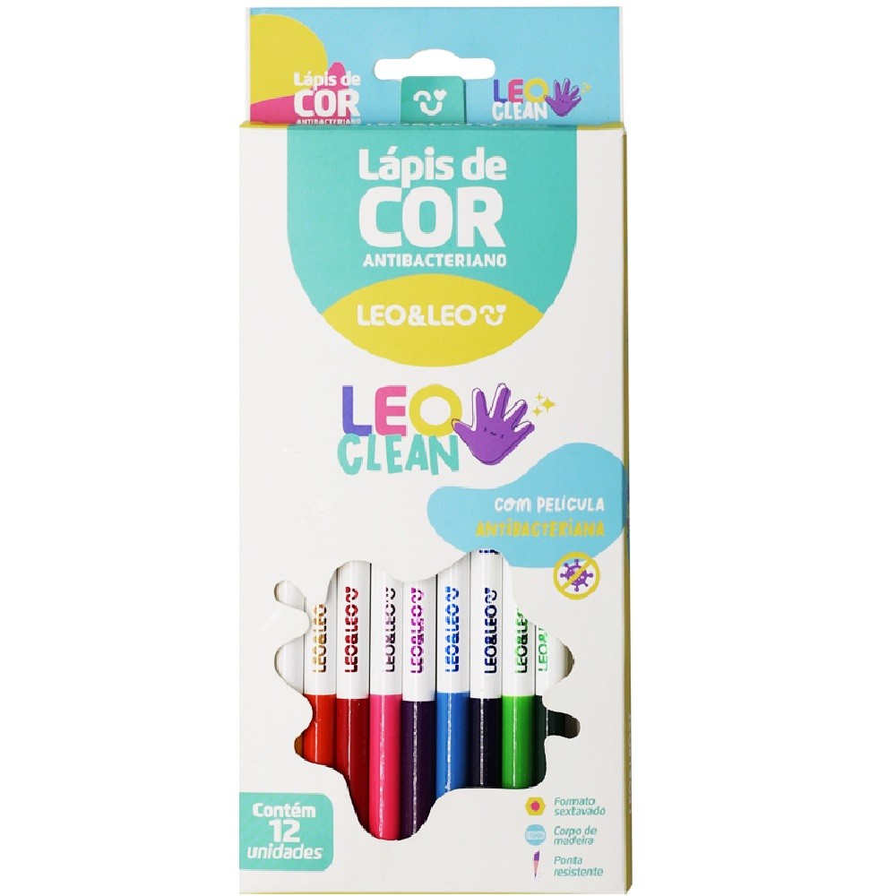LAPIS DE COR ESCOLAR REDONDO ANTIBACTERIANO LEOCLEAN 12 CORES VIVAS ...