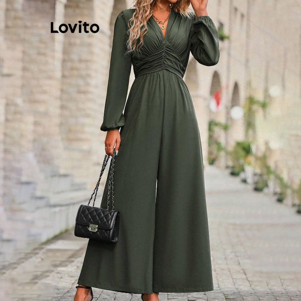 Lovito Macacão casual plissado liso para mulheres LNL64120