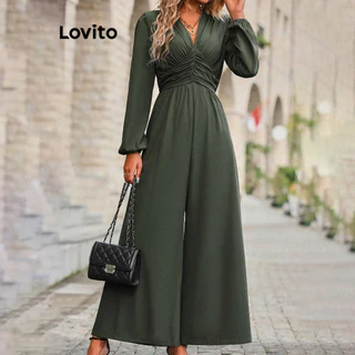 Lovito Macacão casual plissado liso para mulheres LNL64120