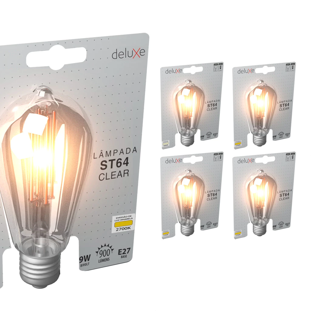 Kit 5 Lâmpadas de Led ST64 Filamento Retro Vintage Clear 9w 2700K E27 Deluxe Bivolt Luz Branco Quente